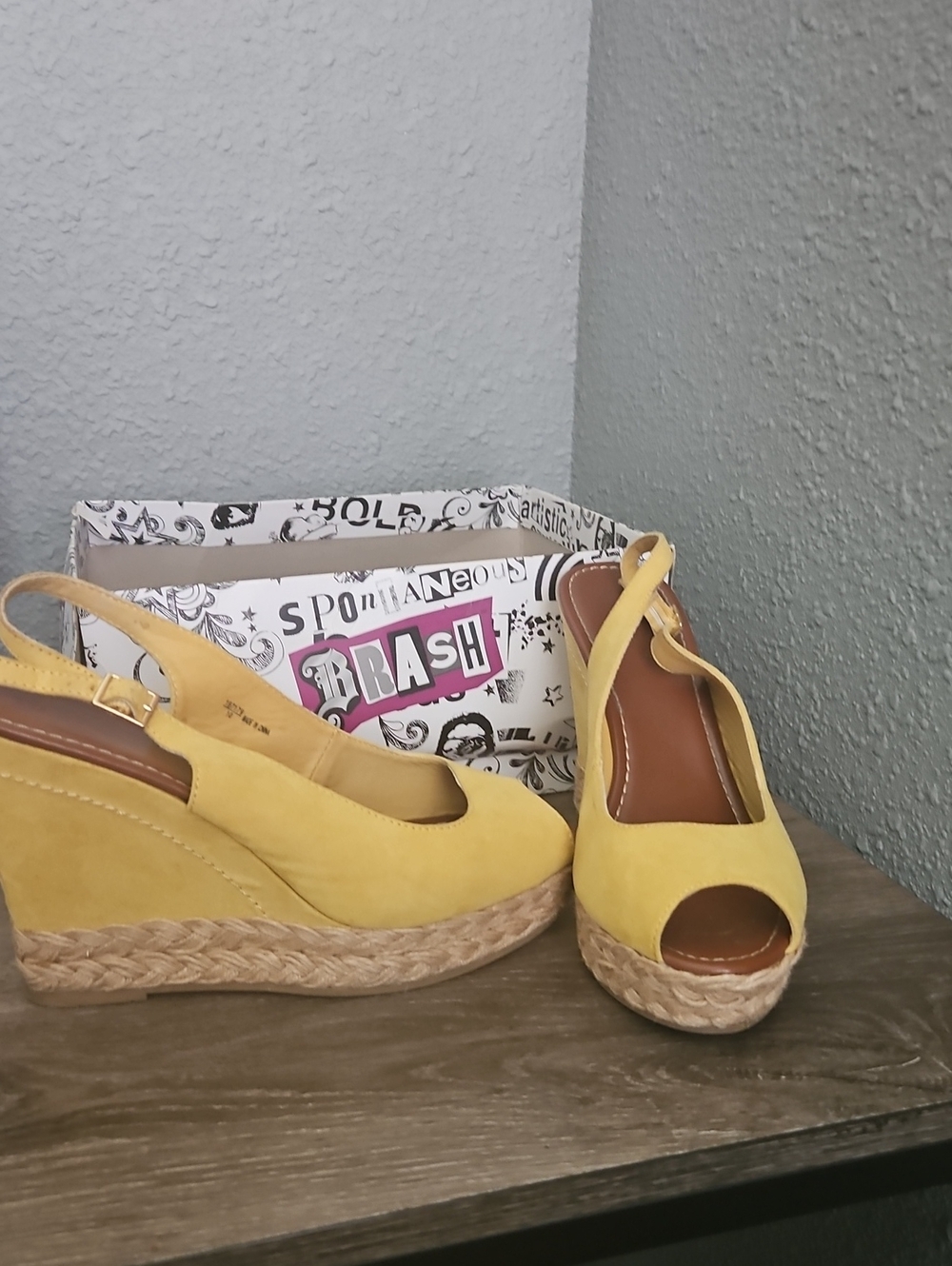 Brash Yellow Suede Espadrille Wedge Slingback Peep Toe